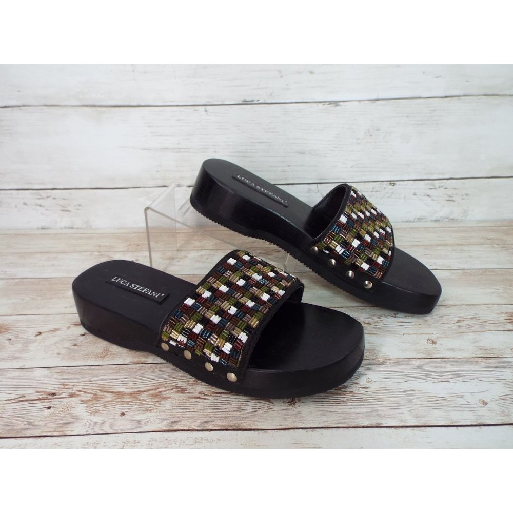 Vintage Luca Stefani Y2K Black Beaded Slide Sandals Size 6